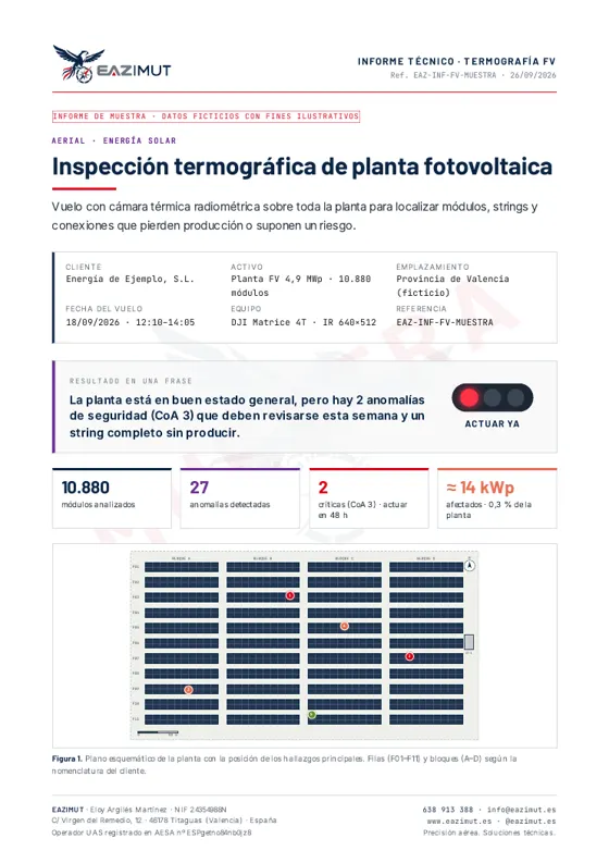 Portada del informe de ejemplo: Termografía de planta fotovoltaica